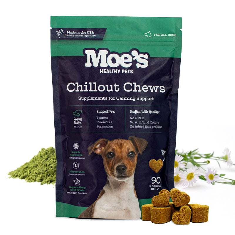 Moe’s Hemp Calming Chews for Dogs - Helps Aid with Storms, Fireworks, Chewing, Barking, Travel, Stress, Anxiety & Separation Anxiety - Tryptophan + Chamomile - Made in The USA - (Peanut Butter) Peanut Butter - PawsPlanet Australia