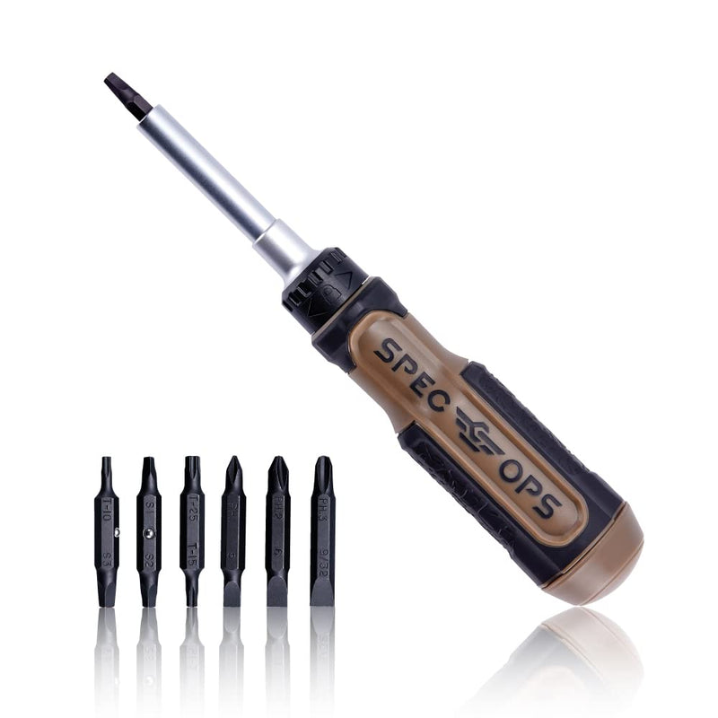 Spec Ops Tools Ratcheting Screwdriver, 12-in-1, Includes 6 Double-Sided S2 Steel Bits, Magnetic, Cr-Mo Steel Shaft, 3% Donated to Veterans Flat Dark Earth/Black Ratcheting, 12-in-1