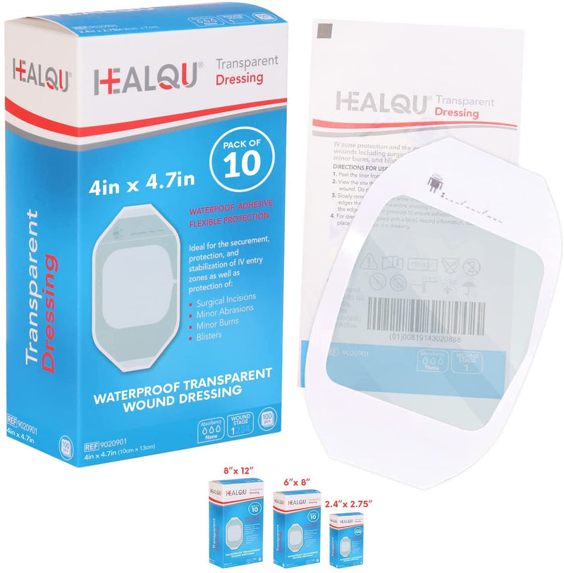 Transparent Film Dressing, 4" x 4 3/4" Box of 10 - Waterproof Wound Bandage Adhesive Patches, Post Surgical Shower or IV Shield, Tattoo Aftercare Bandage by Healqu 4"x4 3/4" (Box of 10)