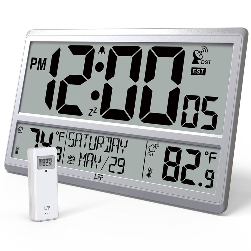 LFF Atomic Clock 4.5" Numbers, Atomic Wall Clock with Indoor & Outdoor Temperature，Never Needs Setting, Battery Operated, Date, Time, Wireless Outdoor Sensor, Jumbo Display Easy to Read Silver