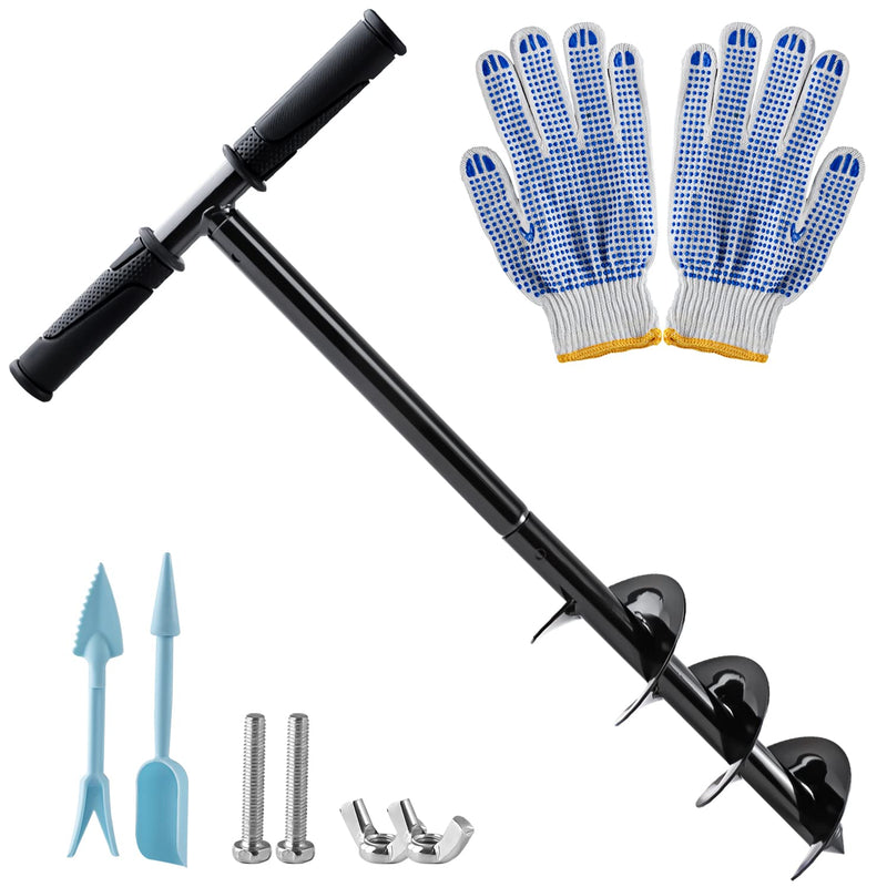 Hand Post Hole Digger - 24'' x 4" Earth Garden Auger Drill with Gloves, Non-Slip Handle, Spiral Drill Planter Bit for Planting Trees, Seedlings, Bedding Plants, Deep Cultivating, Digging Weeds Roots