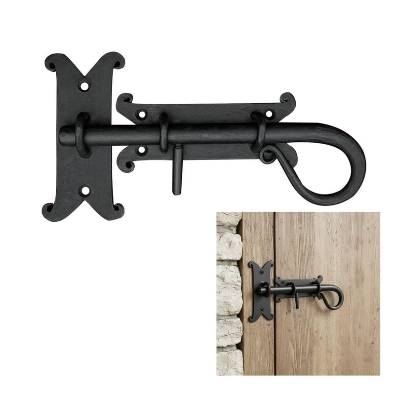 Medieval Hand-Forged Iron Surface Bolt Latch – 1 Pc Flush Mount Sliding Pin Lock | (3 in × 8 in) Rustic Curled Tail Design, Black Finish for Doors, Gates, Cabinets & Shutters 199-8