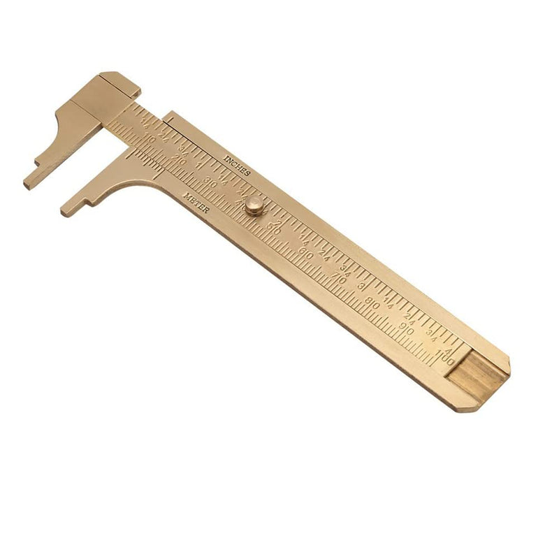 100mm (3.94in) Easy Sliding Gauge Brass Vernier Caliper Ruler Measuring Tool Double Scales mm/inch Mini Brass Pocket Ruler 100mm