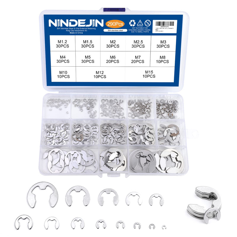 NINDEJIN E-Clip Retaining Rings Assortment Set, 304 Stainless Steel External Snap Ring Clip Kit, 1.2-15mm(13Sizes)E Circlip Retainer Rings for Projects–Car Engines, Locking Mechanisms and Other Shafts E-Clip 304 Stainless Steel