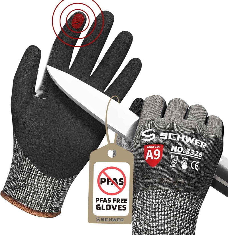 Schwer ProGuard Highest Level Cut Resistant Work Gloves PR3326 for Extreme Protection，ANSI A9 Cut Gloves with Reinforced Thumb, Non Slip, Breathable, Durable, Touch-screen, PFAS Free, Black 1 Pair（L） Large