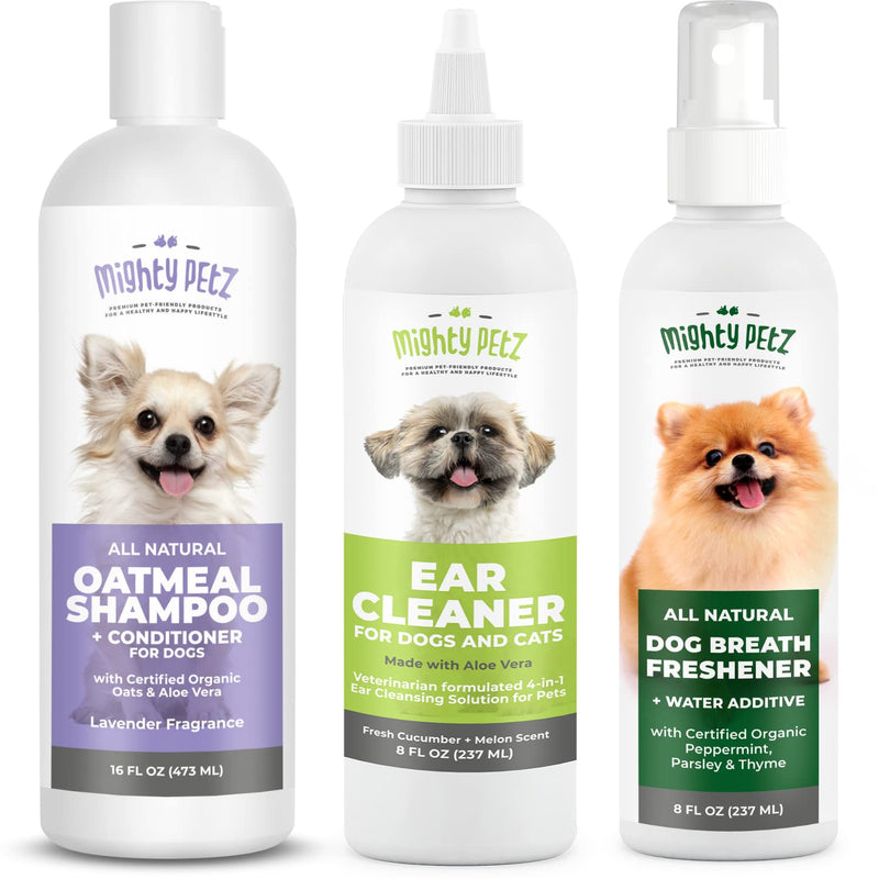Mighty Petz 2-in-1 Oatmeal Dog Shampoo + Mighty Petz Dog Ear Cleaner Solution + 2-in-1 Dog Breath Freshener Spray & Water Additive Bundle - PawsPlanet Australia