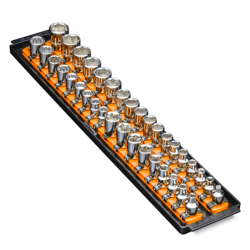 Ernst Manufacturing 8486 Socket Boss, Premium 2-Rail, 3/8 Inch-Drive Socket Organizer, 18-Inch, Orange - Made in USA 19-INCH 3/8"
