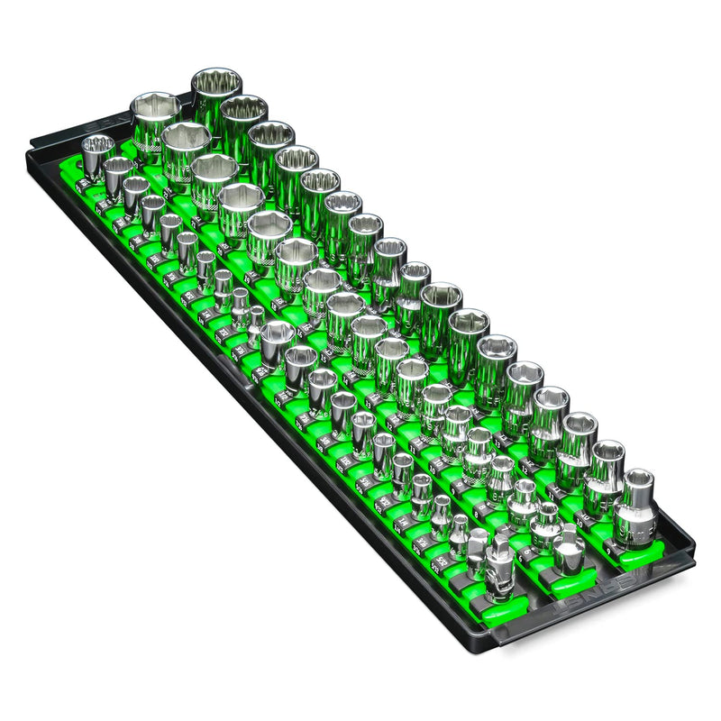 Ernst Manufacturing 8481 Socket Boss 3-Rail Multi-Drive Socket Holder Tray for Toolbox, Twist-Lock Secures Sockets, Green, Socket Holder Socket Clips for SAE, Metric Socket Sets - Made in USA 18-Inch