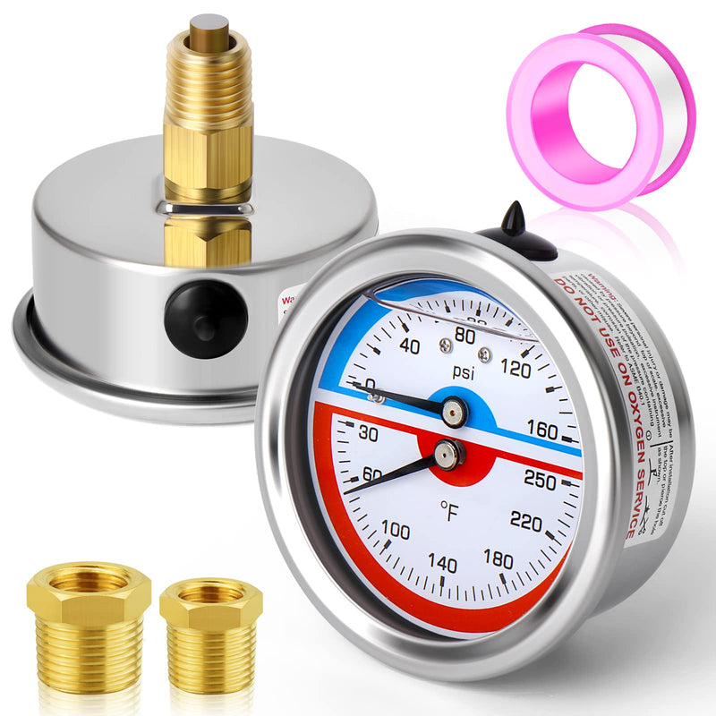 MEANLIN MEASURE 0-160Psi Stainless Steel Thermal Pressure Gauge 30-250℉ 1/4" NPT 2.5" FACE DIAL Liquid Filled Pressure Gauge, with 1/4" x 1/2" NPT and 1/4" x 3/8" NPT Hex Bushing,Back Mount Back Mount