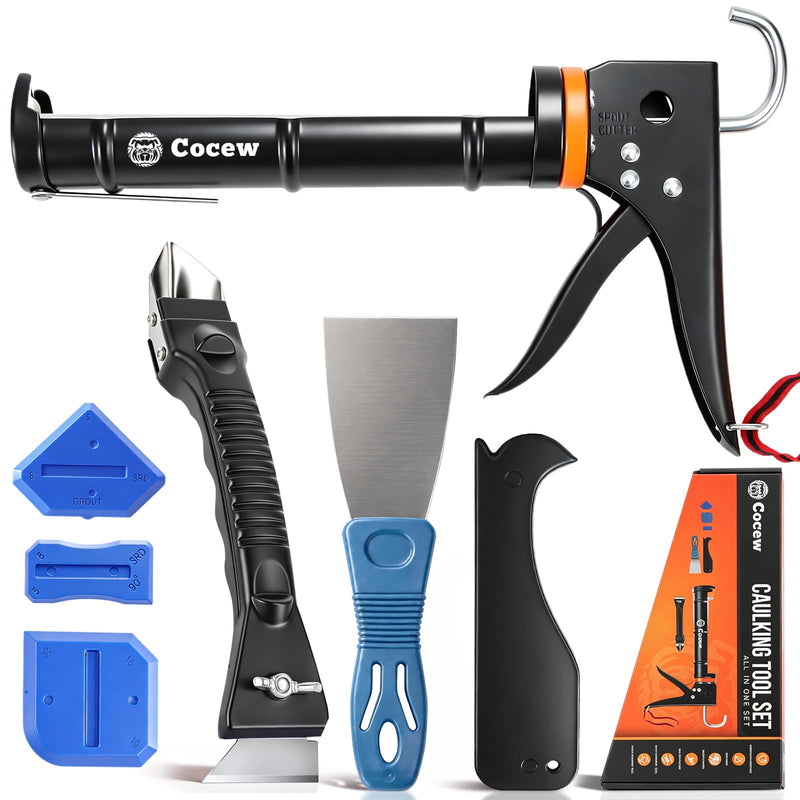 Caulk Gun Kit, Smooth Silicone Caulking Gun and Caulk Remover Tool, Sealant Finishing Tool Grout Scraper for Kitchen Bathroom Window Sink Joint, All in One with Gift Box Black