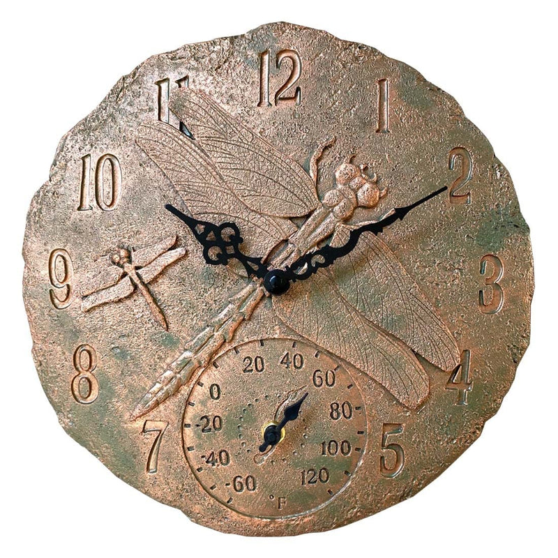 Lily's Home Hanging Wall Clock, Includes a Thermometer, Ideal for Indoor and Outdoor Use, Wonderful Housewarming Gift for Friends, Polyresin Dragonflies