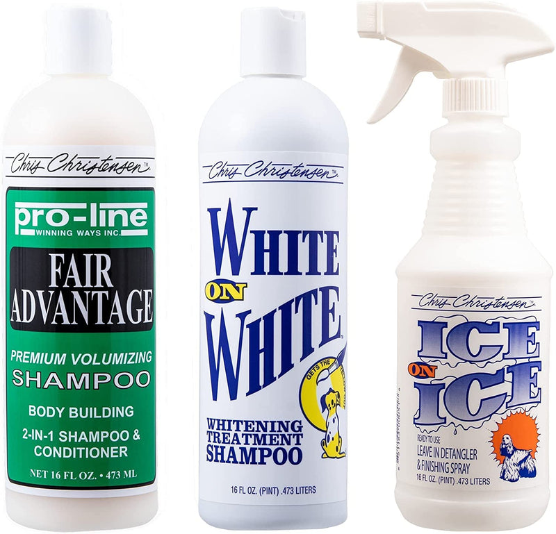 Chris Christensen Shampoo & Conditioner 16 oz Bundle - Pro-Line Fair Advantage Body Building 2 in 1 + White on White Shampoo + Ice on Ice Detangling/Finishing Spray, Groom Like a Professional - PawsPlanet Australia