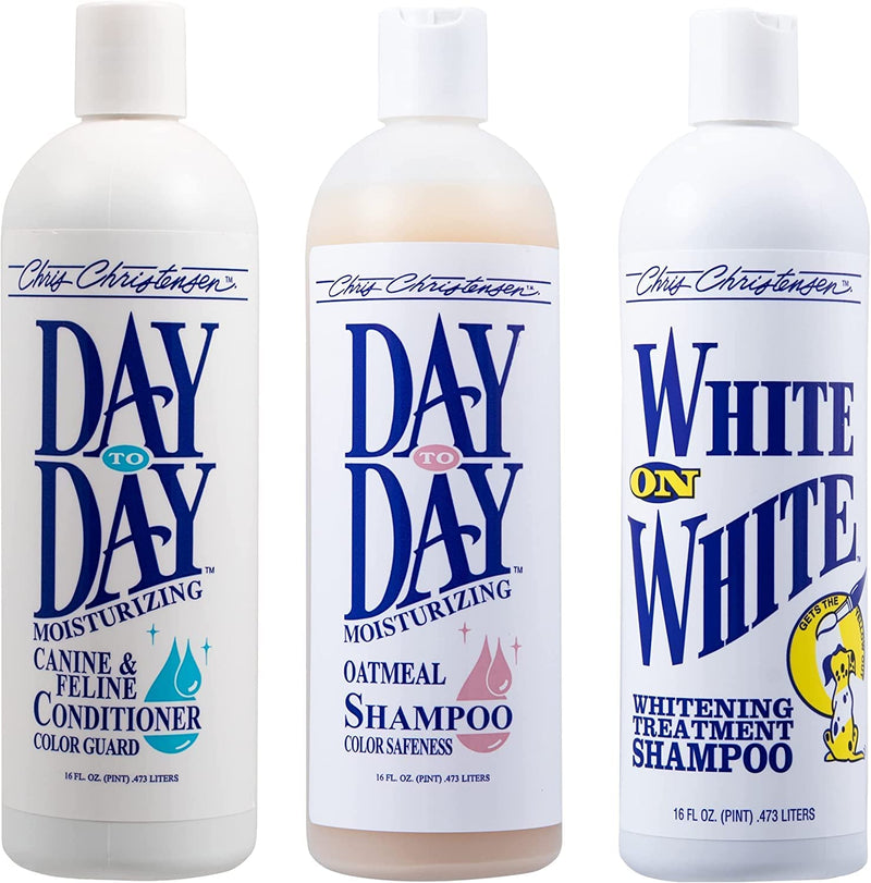 Chris Christensen Shampoo & Conditioner 16 oz Bundle - Day to Day Conditioner + Day to Day Oatmeal Shampoo + White on White Shampoo, Groom Like a Professional, Made in USA - PawsPlanet Australia
