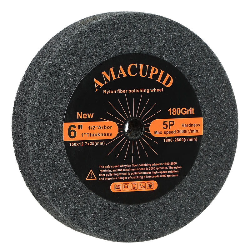 Nylon Fiber Brushed Buffing Wheels 6 Inch 5P Hardness. for Bench Grinder Buffing Machine Polishing Copper. 180 Grit, 1/2 inch Arbor, 1 inch Thickness