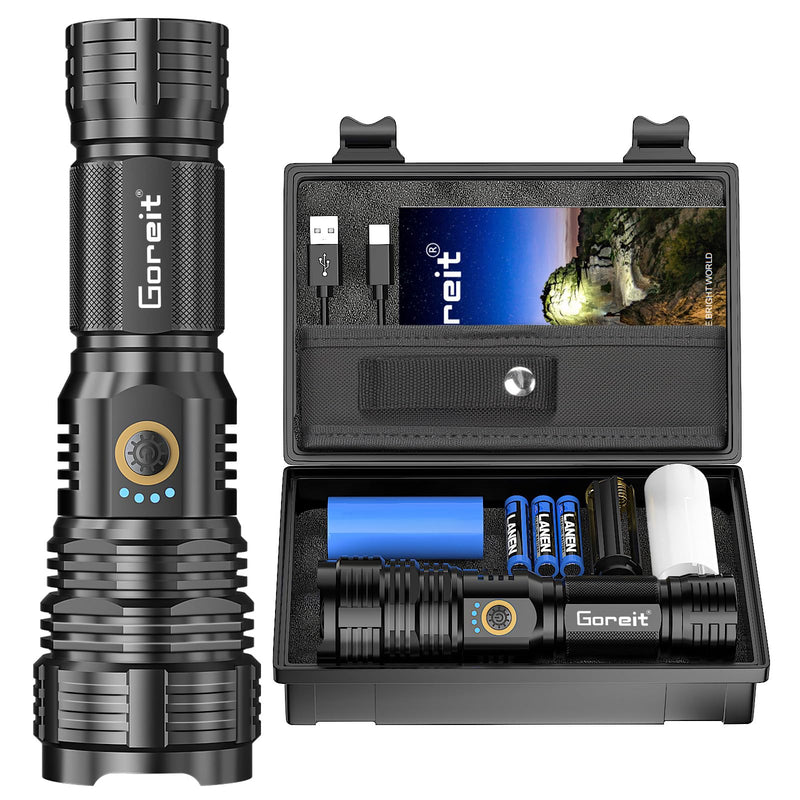 Flashlights LED High Lumens Rechargeable, Goreit 20,000 Lumens XHP70.2 Super Bright Flashlight, Flash Light Battery Powered, Powerful Handheld Flashlight with holster for Emergency Camping Hiking Gift Black