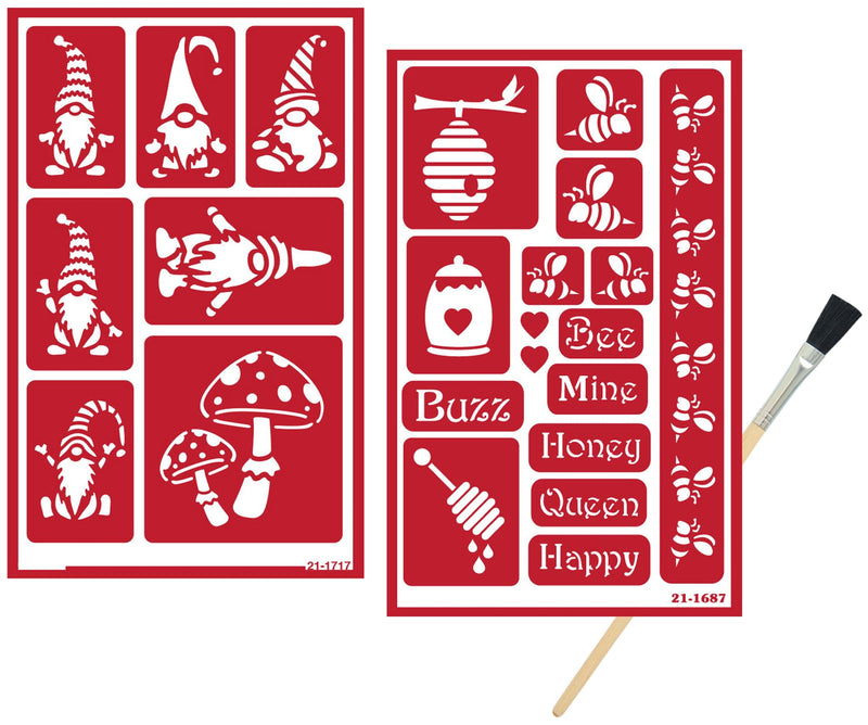 2 Reusable Glass Etching Stencils - Gnome and Honey Bee Themed Etch Stencil - Hive, Bees, Words Theme Design - Set Includes Brush