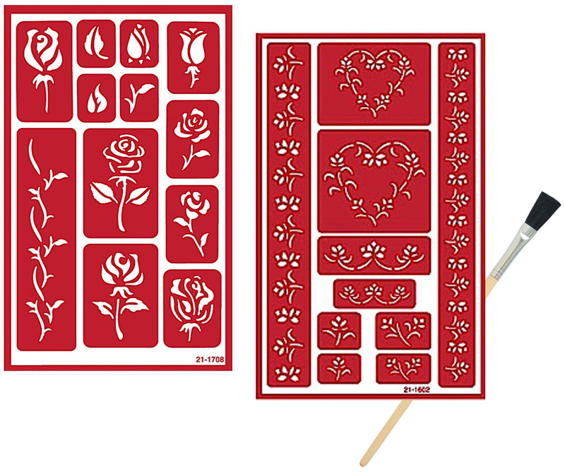 2 Reusable Glass Etching Stencils - Rose and Hearts Themed Etch Stencil - Wedding, Romantic, Love, Floral Heart, Roses Theme Design - Set Includes Brush
