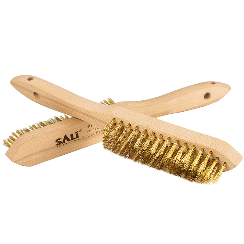 SALI Wire Brushes for Cleaning Rust Removal Heavy Duty Brass Brush Tool for Automotive,Paint , Welding Slag,Grill,Household Clean 11" Long Curved Beechwood Handle , 14X4 Rows Bristles Pack of 2