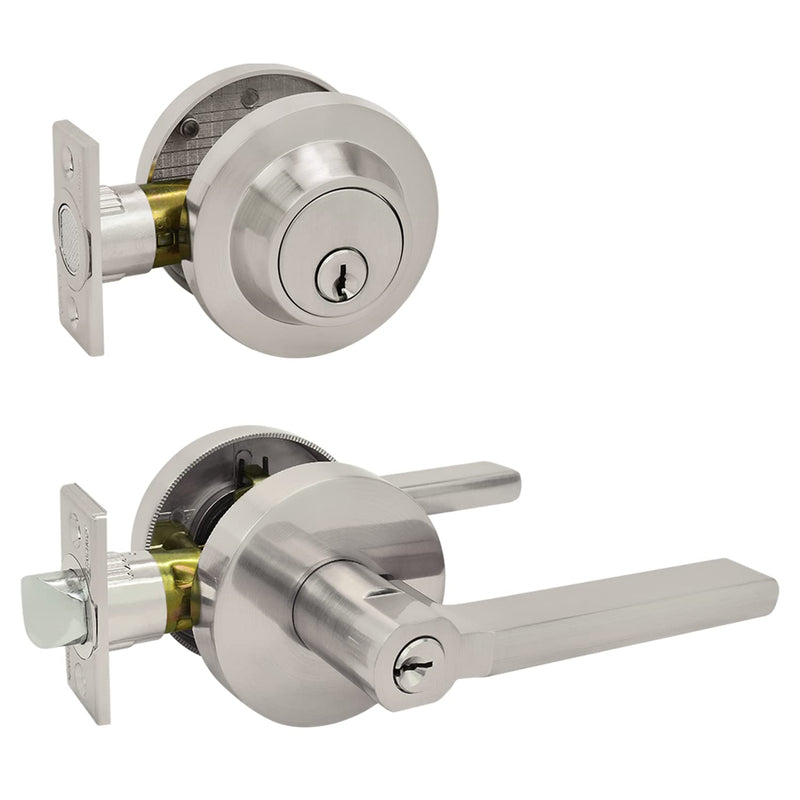 Nuk3y Thor Series Lever Door Handle Slim Round Modern Contemporary Lever Set (Entry & Deadbolt Combo [Keyed Alike], Satin Nickel) Entry & Deadbolt Combo [Keyed Alike]