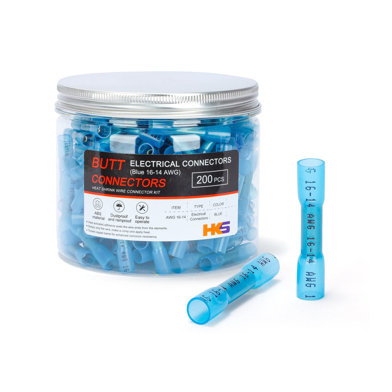 HKS 200 PCS Blue Heat Shrink Butt Connector 16-14 AWG - Electrical Connectors - Tinned Red Copper 0.8mm - Automotive Marine Stereo Boat Crimp - Waterproof and Insulated Blue 16-14AWG 200Pcs