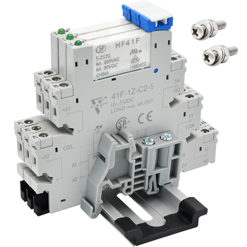 3 Pcs Miniature 5 Volt DC Relay HF41F/5-ZS 5 Pin 1NO 1NC 6A SPDT with LED Indicator, Socket Base and DIN Rail Module 5V DC 3