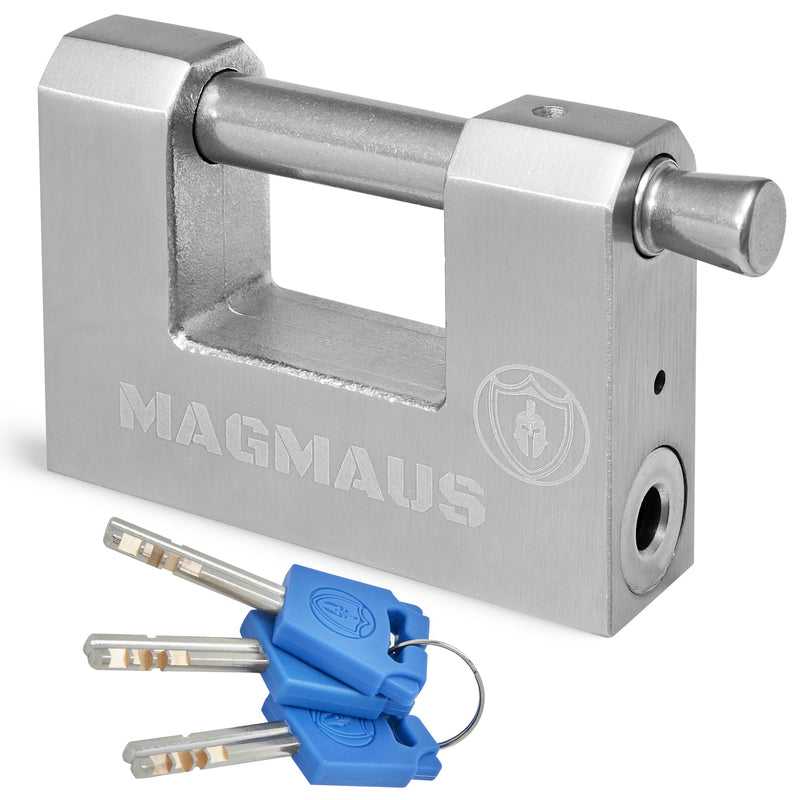 Magmaus® RTL80 [Armoured] High Security Padlock – Heavy Duty Container Lock with 0.74” Shackle Clearance & 0.39” Thick Bolt – Weatherproof Outdoor Lock for Storage Unit, Shed, Gate, Garage - 3 Keys 80 mm 1 Pack - 3 Keys Silver