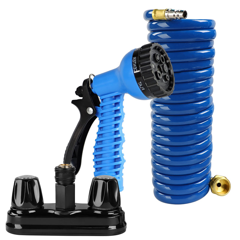 Empire Faucets CRD-BKQDC5-15CHSPRY RV Potable Water Hose Set - 15' Coil Hose with 4" Black Quick Disconnect and 7-Function Sprayer