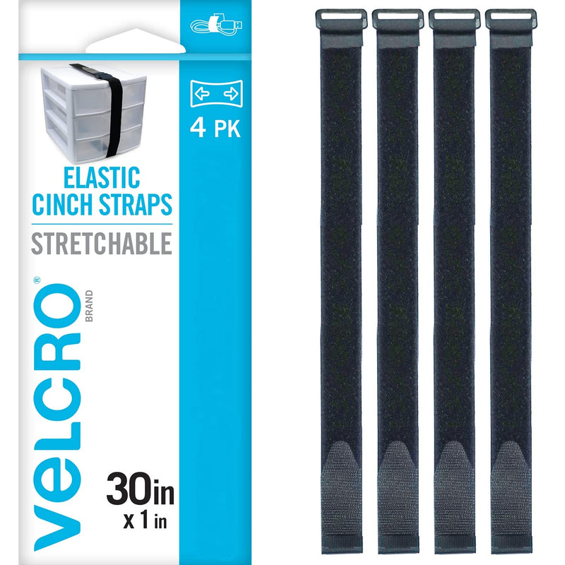 VELCRO Brand 30 Inch Elastic Straps 4 Pack | Stretchable and Adjustable For Snug Fit | Fasten Outdoor Umbrellas, Wood, Tarps, Blankets, Poles, More | Cinch with Buckle, Black 30x1" 4PK Large 30"