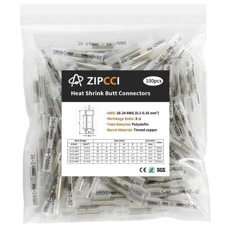 26-24 AWG Heat Shrink Butt Connectors - 100Pcs White Insulated Waterproof Electrical Marine Automotive Wire Splice Connector Crimp Wiring Terminals AWG 26-24