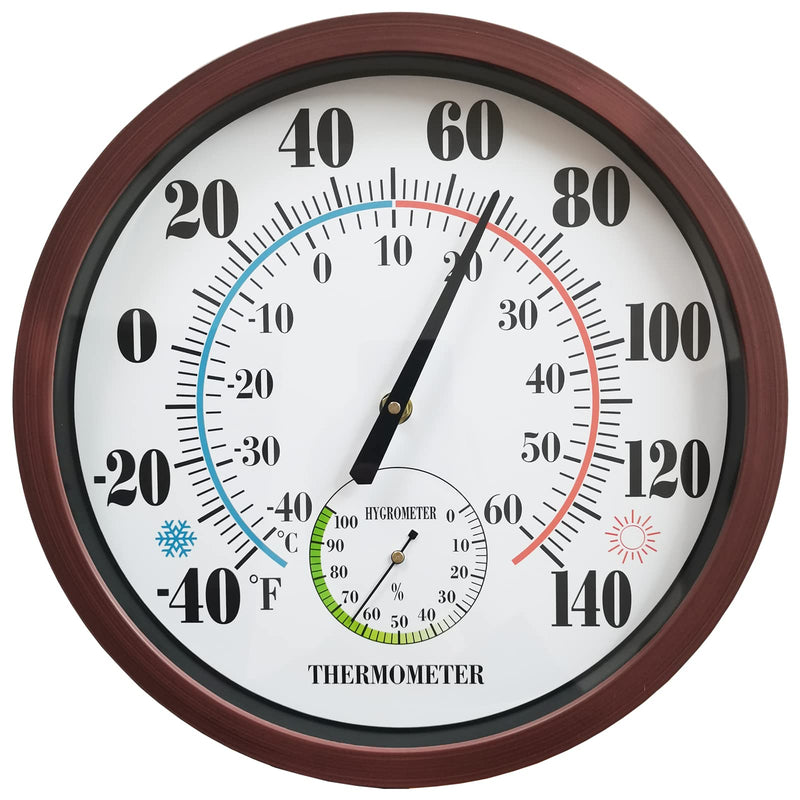 Indoor Outdoor Thermometer Large Numbers 12 Inch Wall Weather Thermometer Hanging Garden Decor Hygrometer No Battery Needed (Brown) Brown 12“