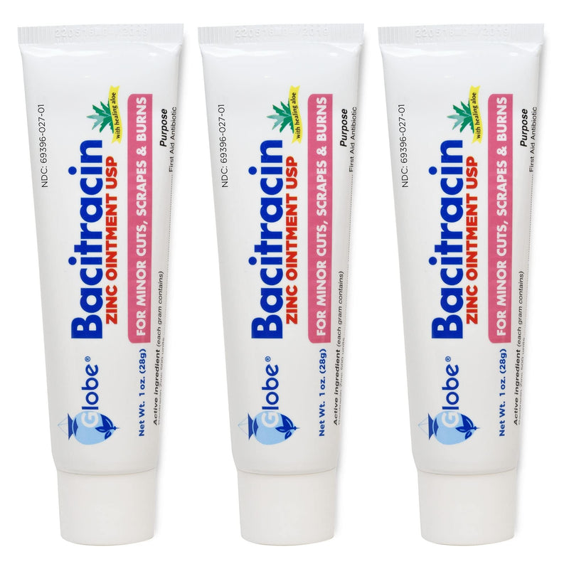 Globe (3 Pack) Bacitracin Zinc Ointment + Aloe 1oz - Maximum Strength Antibiotic for Wound Healing - Topical Medicated Solution for Cuts, Burns, Scrapes - Skin Infection & First Aid Essentials