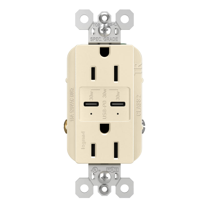 Legrand radiant R26USBPDLA 15 Amp Tamper-Resistant Decorator Duplex Receptacle Outlet with Ultra Fast USB C/C 6.0A Charging Ports PLUS 30W Power Delivery, Light Almond (1 Count)