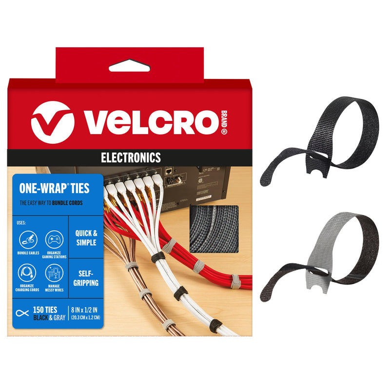 VELCRO Brand 150pk Cable Ties Value Pack | Replace Zip Ties with Reusable Straps, Reduce Waste | For Wire Management and Cord Organizer | 8 x 1/2" Thin Pre-Cut Design, Black and Gray