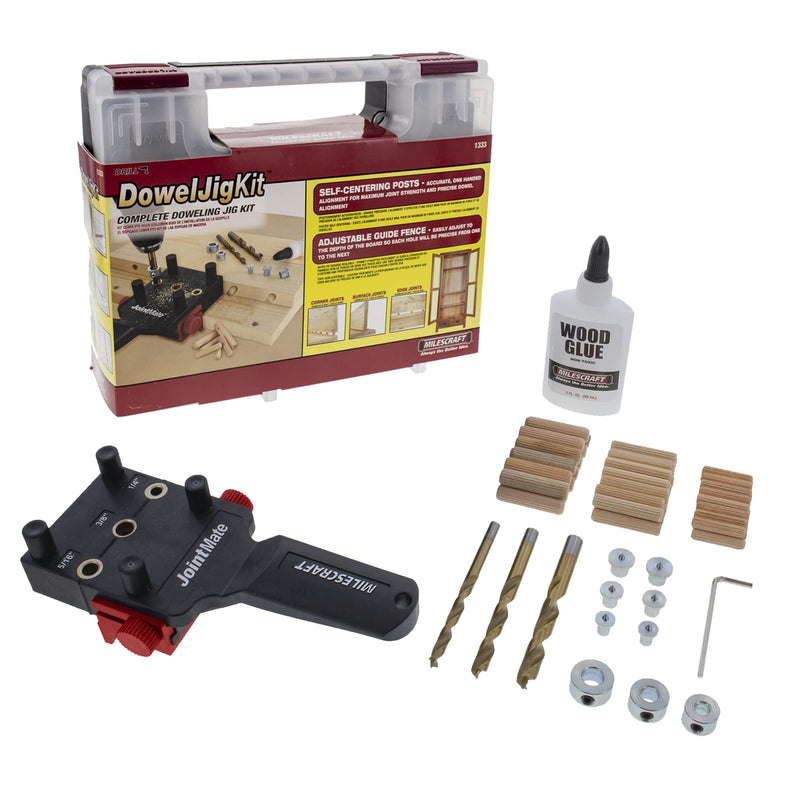 Milescraft 1333 Dowel Jig Kit - New, Improved, Self-Centering Handheld Dowel Jig with 3 Metal Bushing Sizes (1/4in, 5/16in, 3/8in) - Complete Doweling Jig Kit with all Accessories HARDWARE
