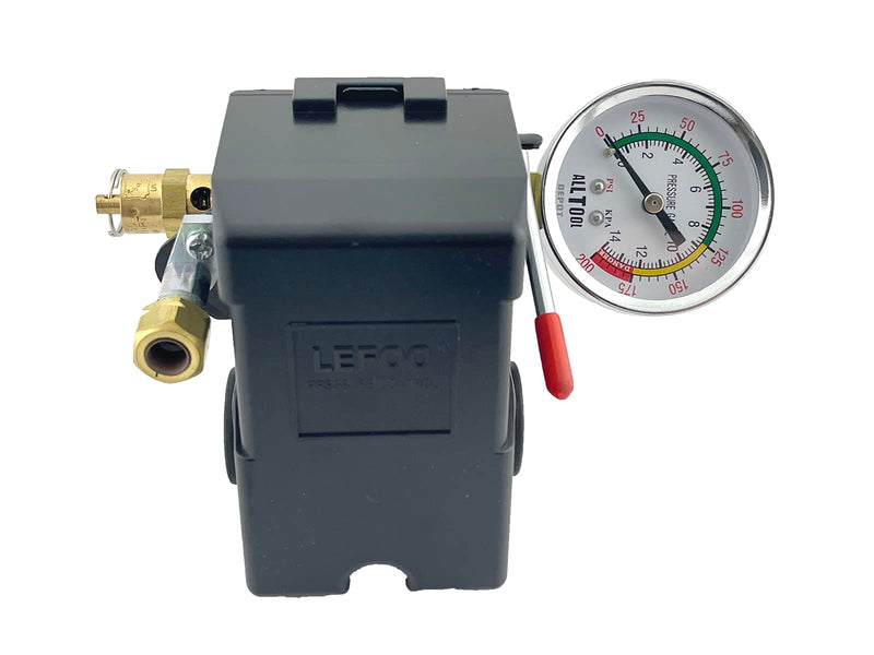 H/D Pressure Switch 4 Ports 95-125 psi w/150 psi Pop Off Valve, 26AMP, 0-200 psi Side Gauge Color Coded