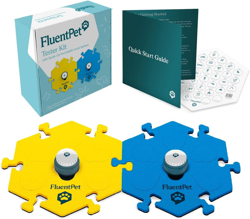 FluentPet Tester Kit - Set of 2 Dog Talking Buttons & HexTiles - Customizable Cat & Dog Training Buttons for Communication - Batteries Included - Pet Buttons Gift Set 2 Buttons + 2 HexTiles (Bold)