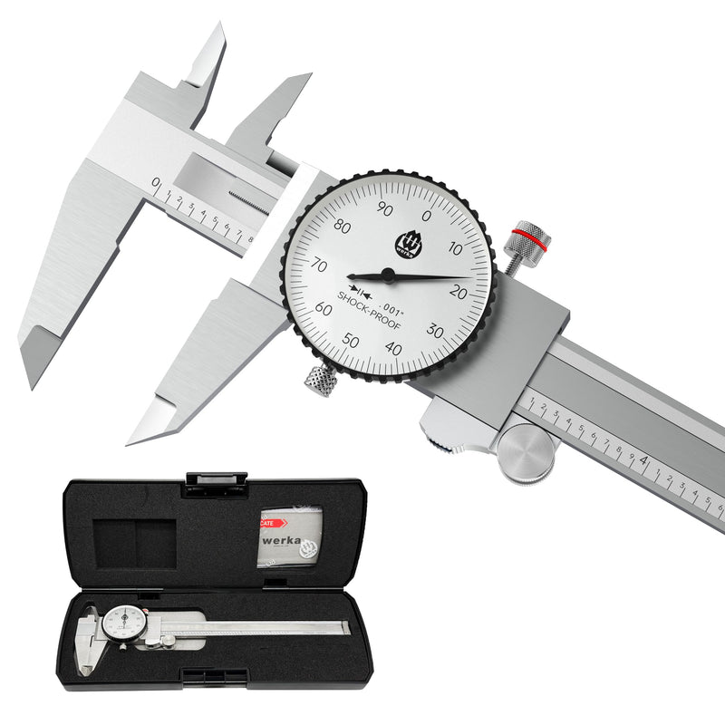 werka Dial Caliper 6 Inch, Shockproof Dial Caliper Measuring Tool with 0.001" Precision Micrometer Caliper with Custom Case, 4-Way Measurement, Stainless Steel 0-6x0.001"