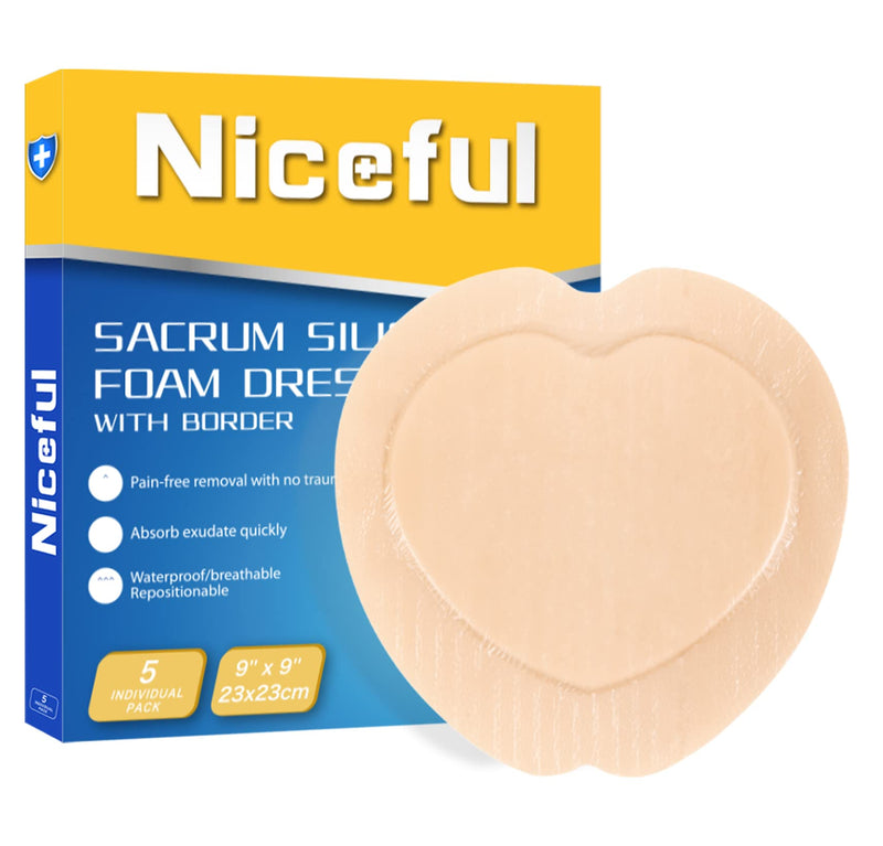 Sacral Foam Dressing 9"x9" - Border Sacrum Bandage for Bed Sores Pressure, Silicone Adhesive Wound Dressing Pads for Large Wound, HSA FSA Eligible, 5 Pcs 9" x 9" (5 PCS)