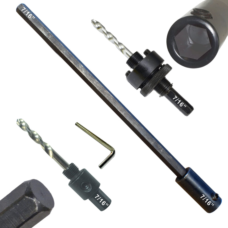 Hole Saw Extension and Arbor Kit 7/16" : 1/2" Hex Arbors X2 and 12" Extension Fits Hole Saws from 5/8 Inch to 10 Inch with Both TCT and Hss Pilot Drill Bits So Drilling Deep Holes in Wood Or Masonry 7/16" Arbor+Extension Kit