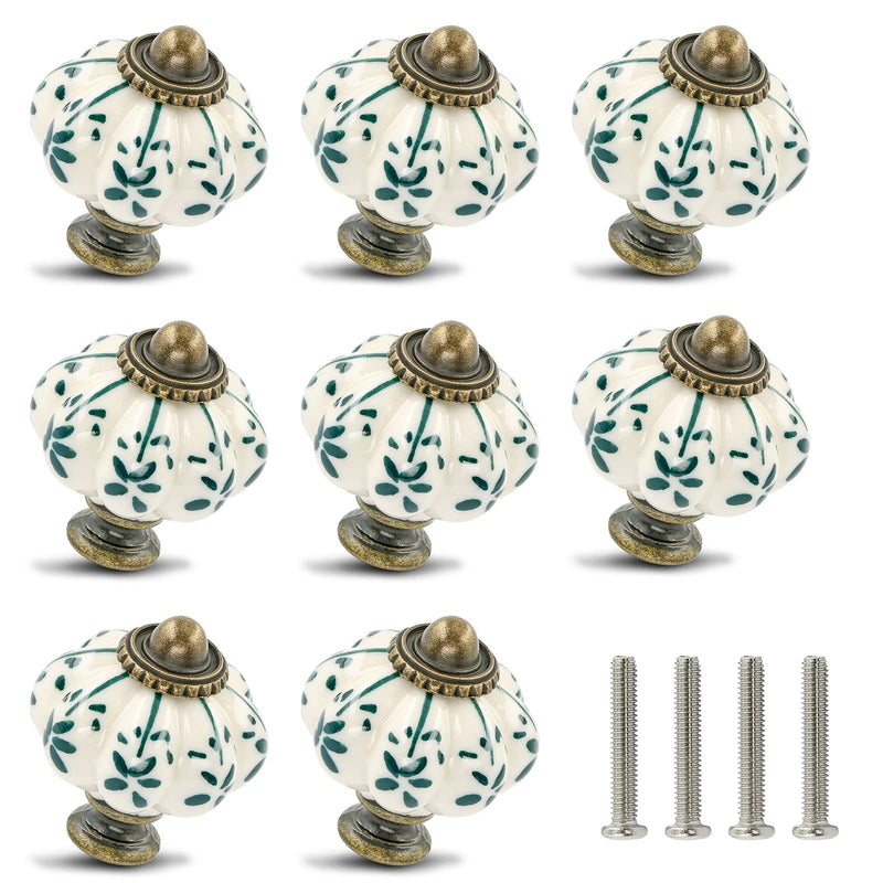 Ivory & Green Ceramic Knobs 12 Pack - Pumpkin Cabinet Knobs Retro Dresser Knobs - Vintage Drawer Pulls with Screws for Closet Drawer Cupboard Cabinet and DIY Home Project Green Flower