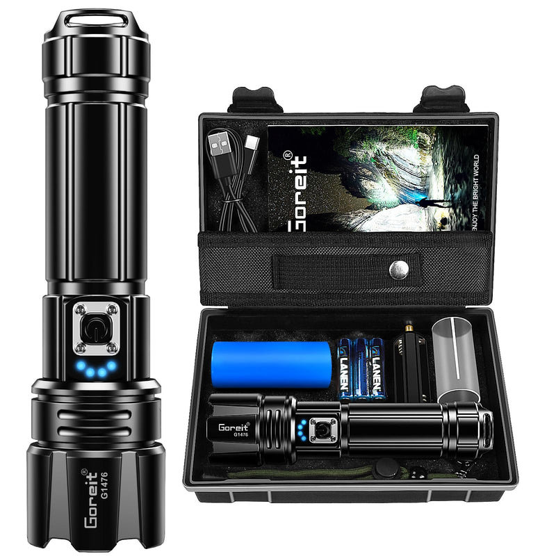 Goreit Super Bright LED Flashlight - 30W Output for 50000 Lumens & 3937ft Beam, USB-C Rechargeable with 12H Runtime, IP67 Waterproof Powerful Handheld Linternas for Home, Camping, Hiking, Emergency Black