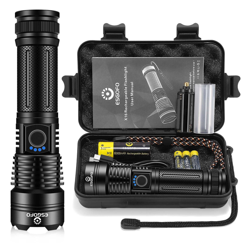 Esgofo Flashlights High Lumens 100000 Rechargeable, Super Bright Handheld LED Flash Light, Powerful Emergency Linternas, Waterproof, Long Lasting, for Hiking Camping Gift 20.0 Watt Hours