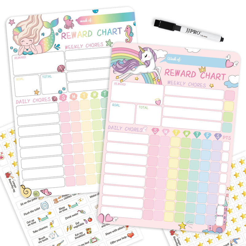 Magnetic Dry Erase Chore Chart for Two Kids, Reward Chart for Kids Behavior. Includes 52 Static Tasks, 126 Golden Stars and Unicorn & Iridescent Mermaid Magnetic Charts Each Unicorn+Mermaid