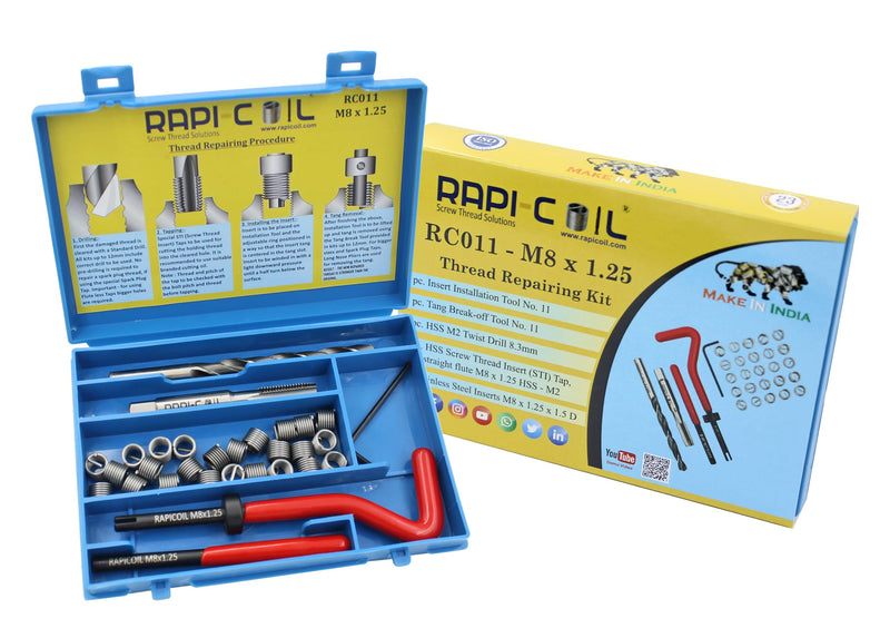M8 x 1.25 Thread Repair Helicoil Kit, HSS M2 Tap & Drill, SS 304 Wire Inserts - Made in India M8 x 1.25