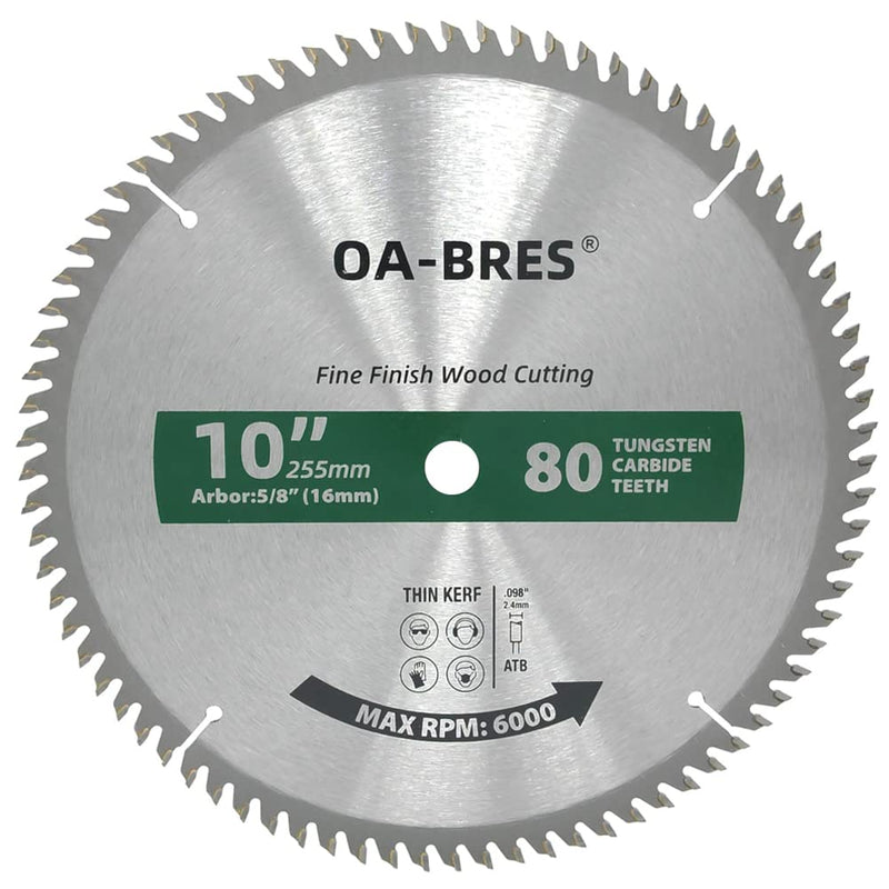 10-Inch Miter/Table Saw Blades, 80-Tooth ATB TCT Fine Finish Wood Cutting Circular Saw Blade with 5/8 Inch Arbor 10" 80T