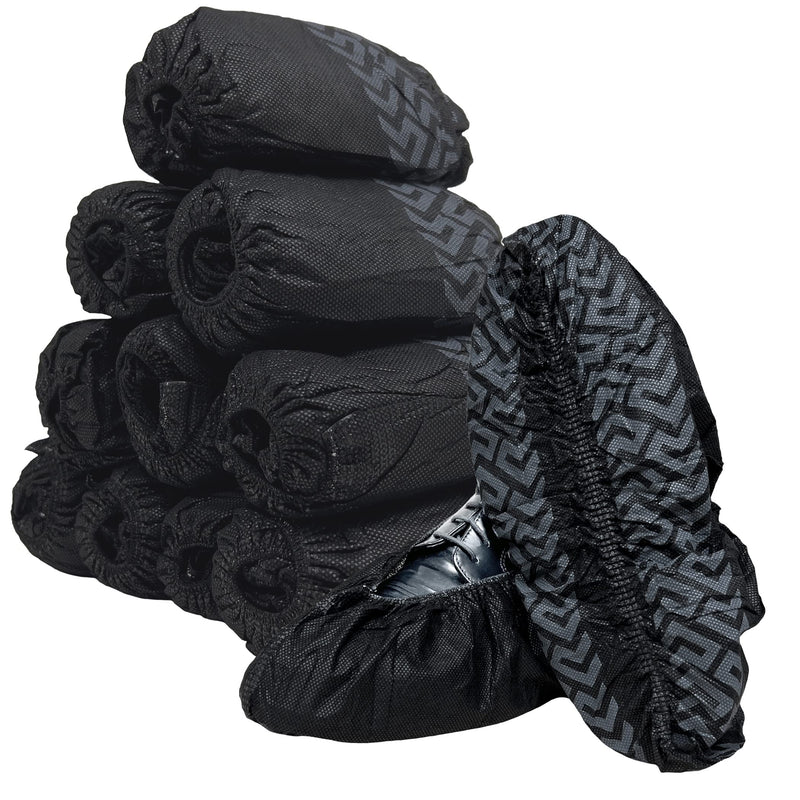 100 Pack Extra Large Disposable Black Boot and Shoe Covers. Reusable Water Resistant Durable Booties with Non Slip Treads for Indoor Use. Fits US Men's Size 14 and Women's 16 Shoe Size