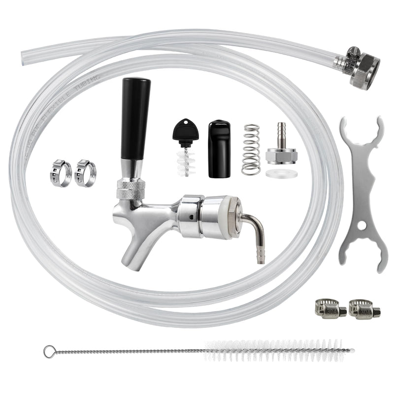 Draft Beer Line Shank Faucet Kit, Stainless Core Beer Tap Self-Closing Spring Tap Wrench No Leak 3/16'' Brewing Tubing 1/4'' Keg Coupler Barb Fitting Hose Clamp Kegerator Tower Replacement Set