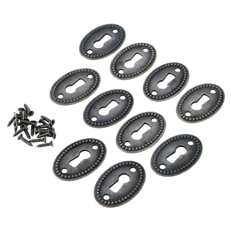 dophee 10Pcs Oval Stamped Antique Brass Decorative Keyhole Cover Plate, Keyhole Escutcheon Plate for Cabinet, Door, Dresser, Drawers, Desk Furniture Hardware 10