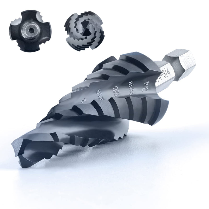toolant Four Spiral Flute Cobalt Step Drill Bit(Pro), 1/4"-3/4" Impact Ready Unibit Step Drill Bit, 1/4" Hex Shank Step Bits for Metal, Stainless Steel, Aluminum, Plastic 1/4" - 3/4"
