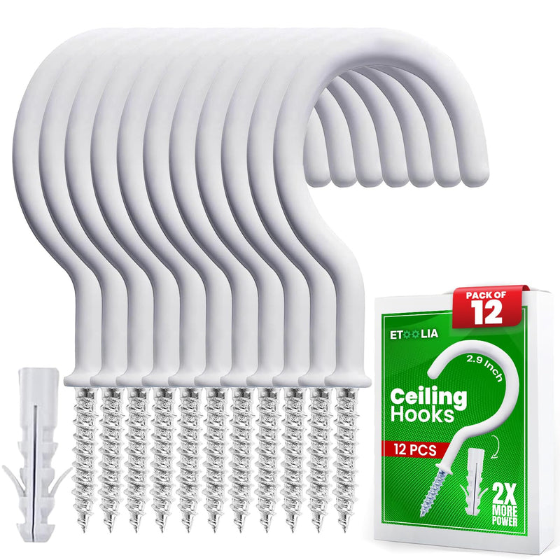 12 Pcs Ceiling Hooks for Hanging Plants - 2.9 inches Plant Hooks Heavy Duty,Hanging Hooks for Cups,Lights and Utensils -White Vinyl Coated Screw in Plant Hanging Hook Indoor and Outdoor 12Pcs 2.9 Inches White